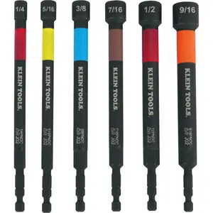 Klein Tools 32930 SAE Magnetic Impact Nut Setter Set, 6-Piece Color Coded Power Nut Setter, Extended Reach Nut Driver Bit Set with 6 SAE Sizes