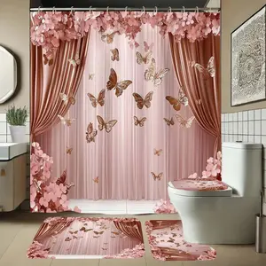 Elegant Bathroom Set with Flower Butterfly Pattern, Includes Soft Shower Curtain, Mat, Toilet Seat Cover, 4-Piece Bath Ensemble, Shower Curtain Sets