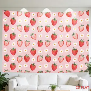 2D Flat, 1 Large Horizontal Strawberry & Daisy Tapestry Wall Hanging - Pink Background Suitable for Bedroom, Living Room Decor, Large Horizontal Wall Tapestry Suitable for, Room Decor, Fruit Daisies Print, Wall Decoration, 2D Flat