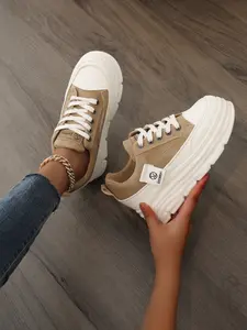 New Thick Sole Platform Canvas Shoes for Women, Height-Boosting Casual Sneakers, Fashionable All-Season Footwear, Plain PU Upper, Rubber Sole, Trainer, Walking Shoes