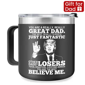 Father's Day Gifts 14 Oz Stainless Steel Insulated Coffee Mug with Handle and Lid, Reusable Washable Drinkware Tumbler for Dad (Gifts from Daughter/Son for Father's Day, Happy Birthday), Funny Best Dad Ever Tea Cup