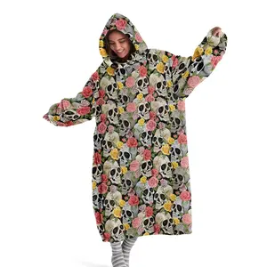 Gothic Skull Floral Hooded Blanket Sweatshirt, Wearable Blanket for Men and Women, Ultra Soft Warm Comfort, Home Leisure Gift, Christmas Gift, Valentine's Day gift, Printed Blanket