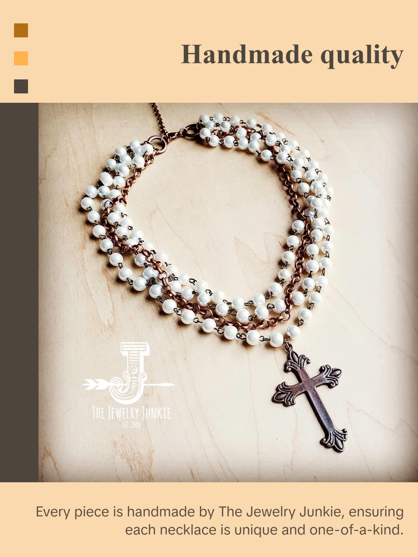 Pearl and Copper Beaded Collar Necklace with Copper Cross 114G