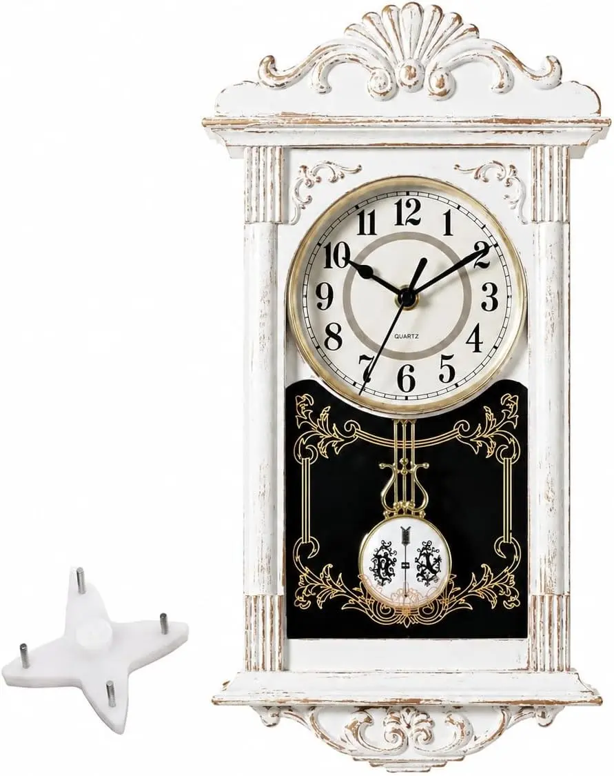 Vintage Grandfather-Style Wall Clock with Wood-Effect Plastic Pendulum, Battery-Operated - for Home Decor, Living Room, Home Office, Kitchen or Dining Room (White)