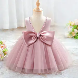 Baby Girl Dresses with Large Bow Newborn Pageant Birthday Party Wedding Guest Satin Formal Tulle Dress Toddler Baby Flower Girl Dress Infant Princess gown Sleeveless