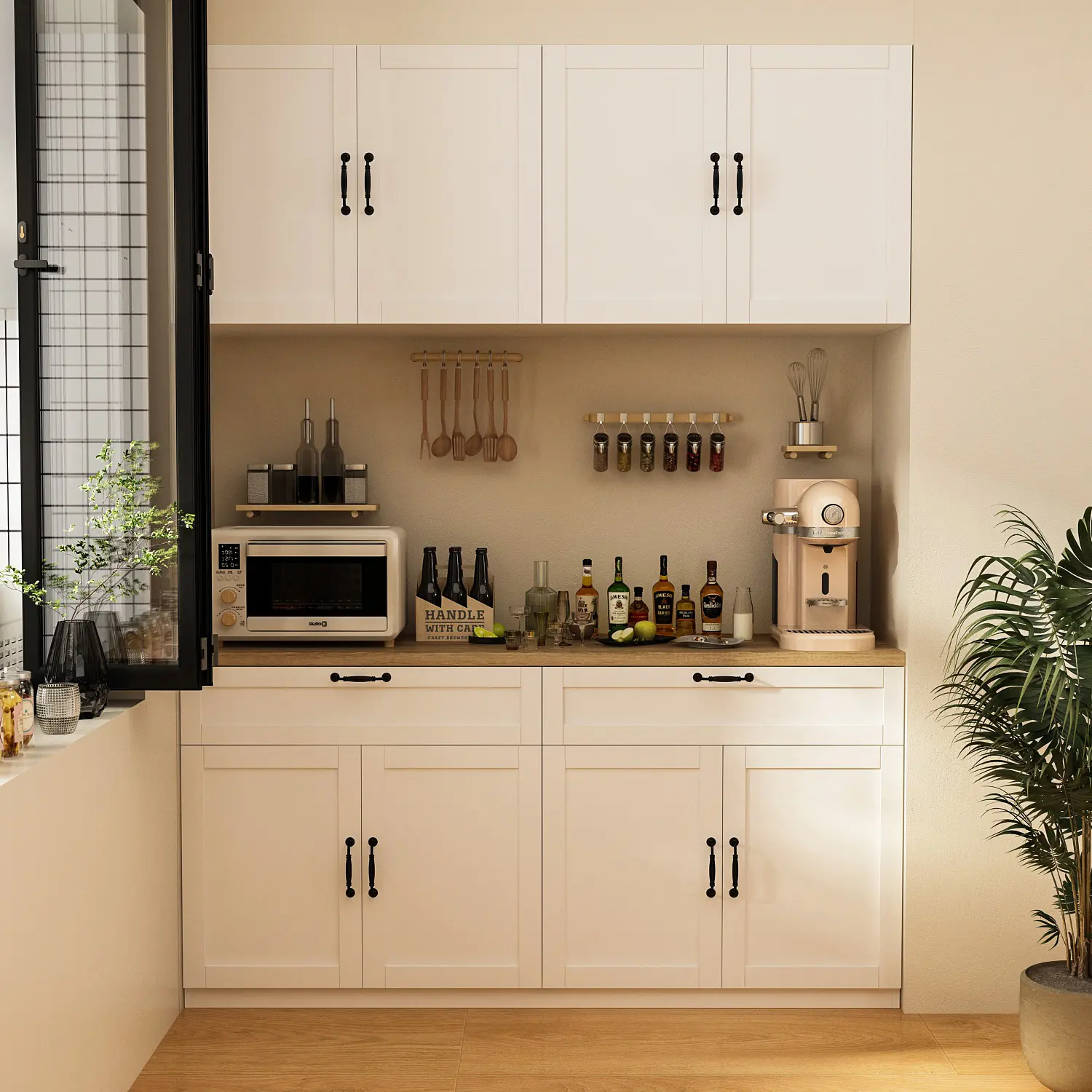 FUFU&GAGA Wall-Mounted Kitchen Pantry with Countertop - Storage Cabinet with Doors & Drawers, Kitchen Storage System for Home Organization