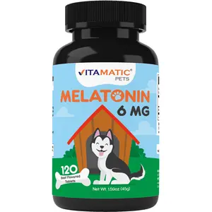 Vitamatic Melatonin for Dogs 6 mg 120 Beef Flavored Chewable Tablets Natural Sleep Aid Calming Stress Relief Made in USA GMP Compliant