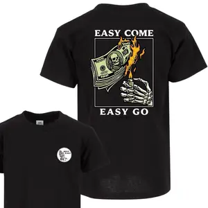 "Easy Come Easy Go" T-Shirt, Burning Money Skeleton Hand Graphic, Edgy Streetwear Tee for Risk Takers & Rebels - LORA ATCHER