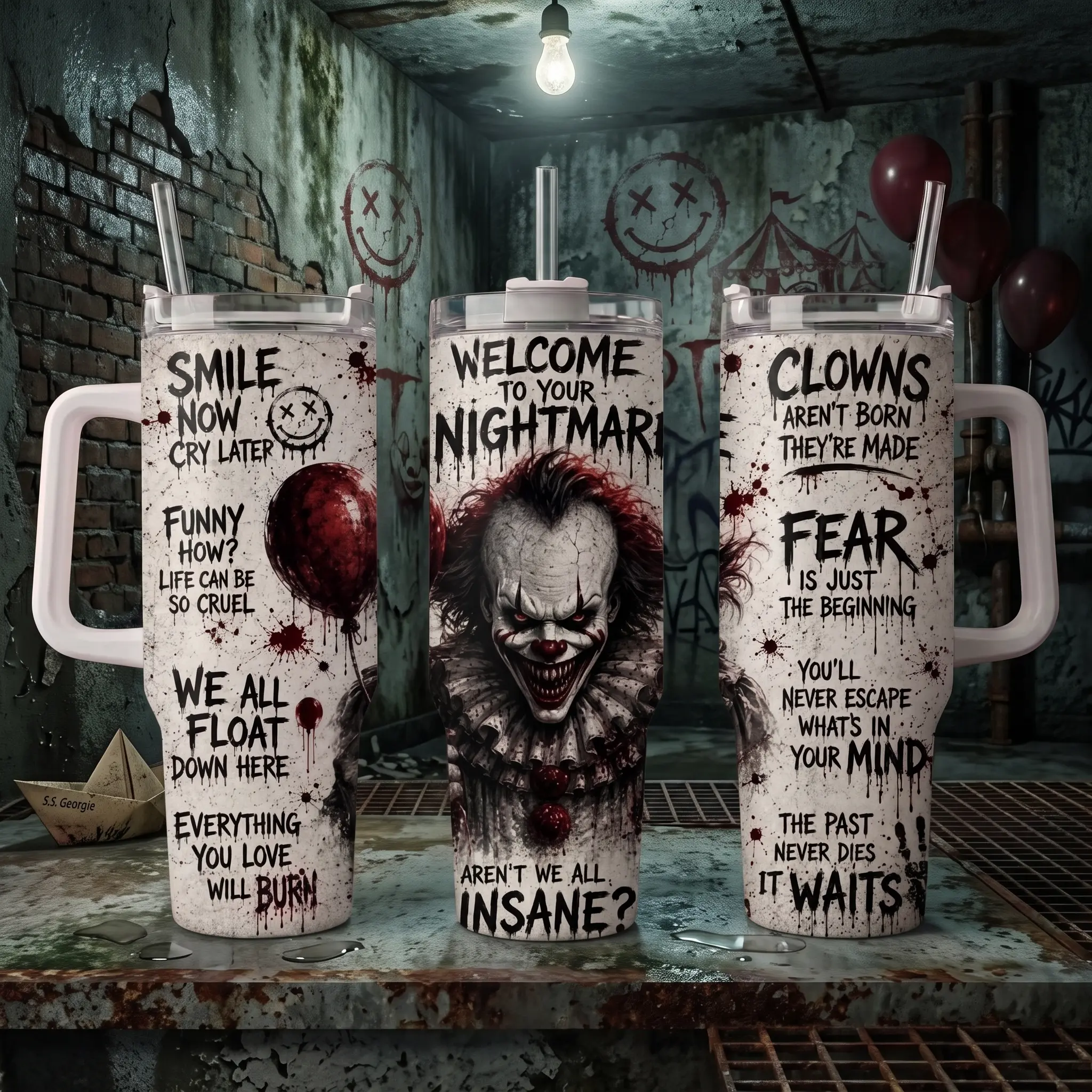 Pennywise IT Movie 40oz Insulated Tumbler With Handle & Straw, Welcome To Your Nightmare Stainless Steel Travel Mug, Stephen King Horror Clown Cup, We All Float Down Here Halloween Drinkware, Horror Fan Gift