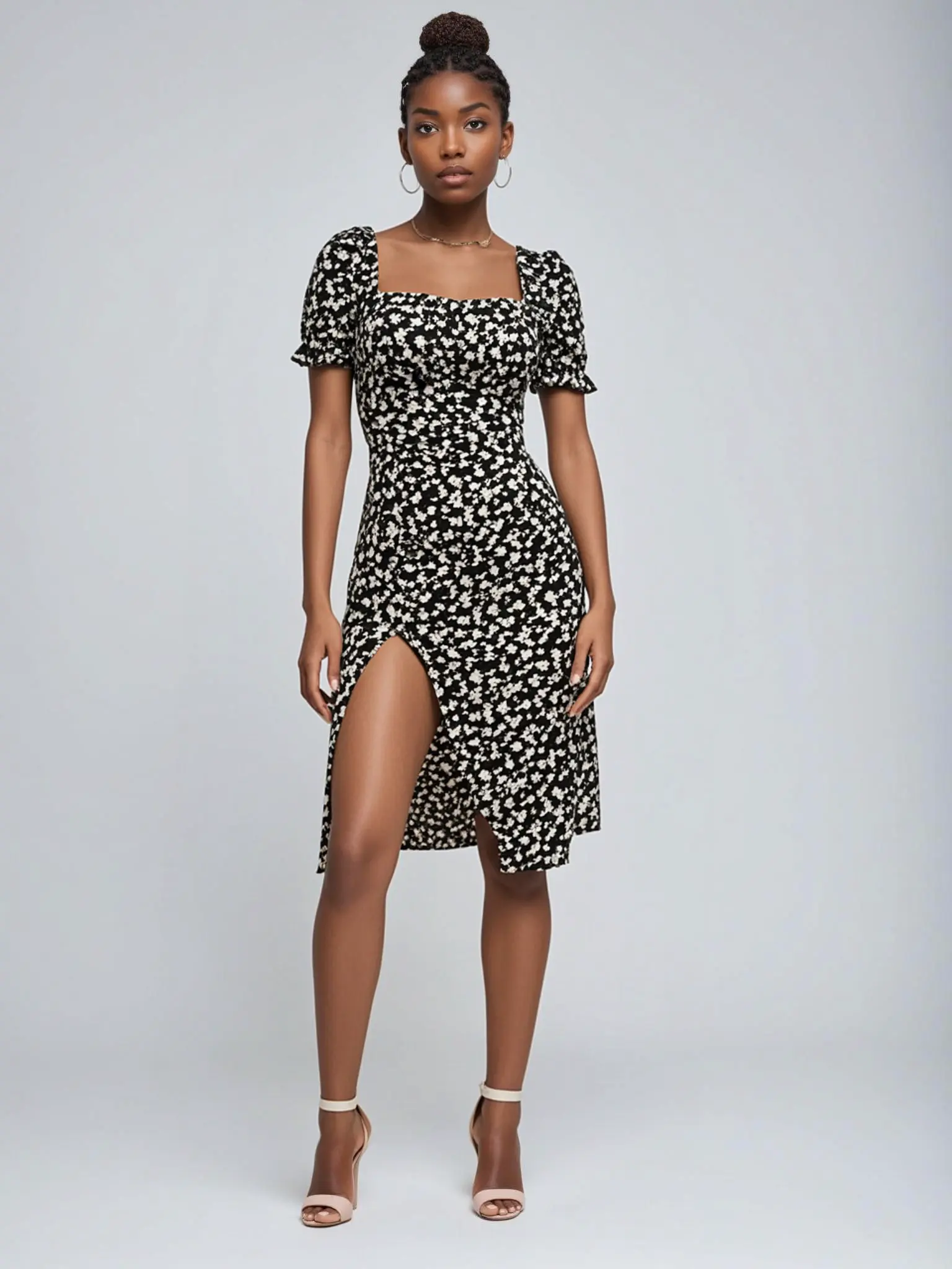Summer Floral Print A-Line Dress for Women - Square Neck, Non-Stretch Polyester Fabric, Hand Wash or Dry Clean, Fashion, Print