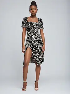 Summer Floral Print A-Line Dress for Women - Square Neck, Non-Stretch Polyester Fabric, Hand Wash or Dry Clean, Fashion, Print