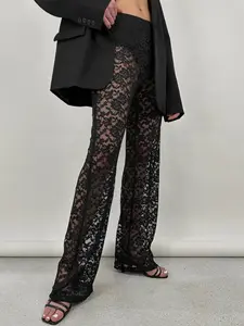 Lace Flare Pants, Sexy Sheer Pattern, Loose Fit, Plain Design, Chic, Perfect for All Seasons, Easy Pairing with Suits