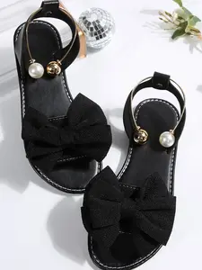 2026 Summer New Open-Toe Sandals, Sweet and Comfortable, Large Butterfly Knot, Pearl Metal Ball Decor, Elastic Anklet Strap, Footwear for Beach