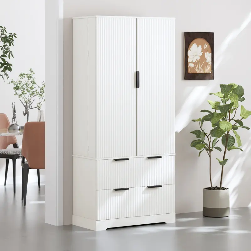 Freestanding 72" H Fluted Pantry Storage Cabinet with 2 Drawers, 8 Door Spice Racks, Magnetic Doors for Kitchen, Bathroom, Dining Room, Office, and Entryway (White)
