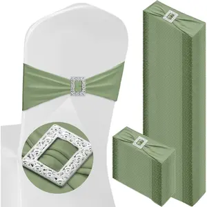 100 Pcs Spandex Chair Sashes with Square Slider Stretch Chair Cover Band Elastic Ties Straps Bows for Wedding Banquet Event Party Decoration(Sage Green)