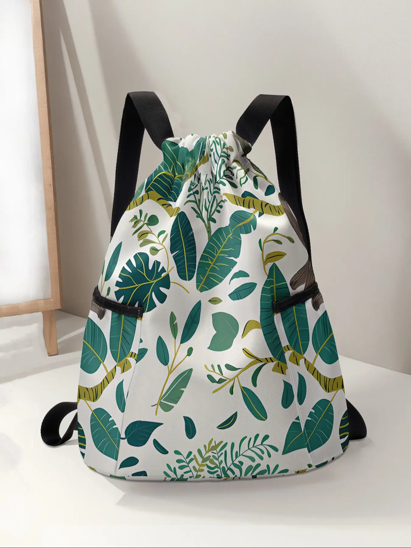 Leaf Sloth Print Drawstring Backpack, Large Capacity Durable Outdoor Fitness Bag, Adjustable Shoulder Straps, Unisex Travel Hiking Camping