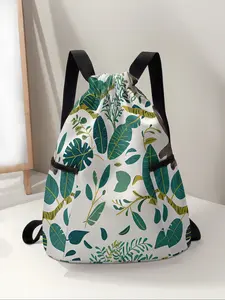 Leaf Sloth Print Drawstring Backpack, Large Capacity Durable Outdoor Fitness Bag, Adjustable Shoulder Straps, Unisex Travel Hiking Camping