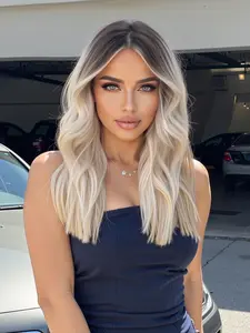 20 Inch Long Wavy Ombre Blonde Wigs for Women, Gorgeous Fluffy Wavy Mix Blonde Wigs with Curtain Bangs, Synthetic Full Machine Wigs for Party, Daily Use, Stylist Friendly Wig