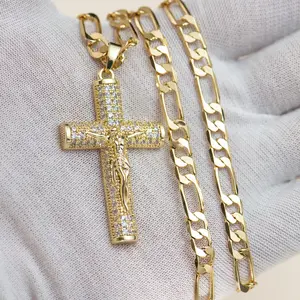 14k Gold Plated Jesus Cross Necklace for Women Men Gold Rhinestone Cross Necklace Christian Gifts for Women Men