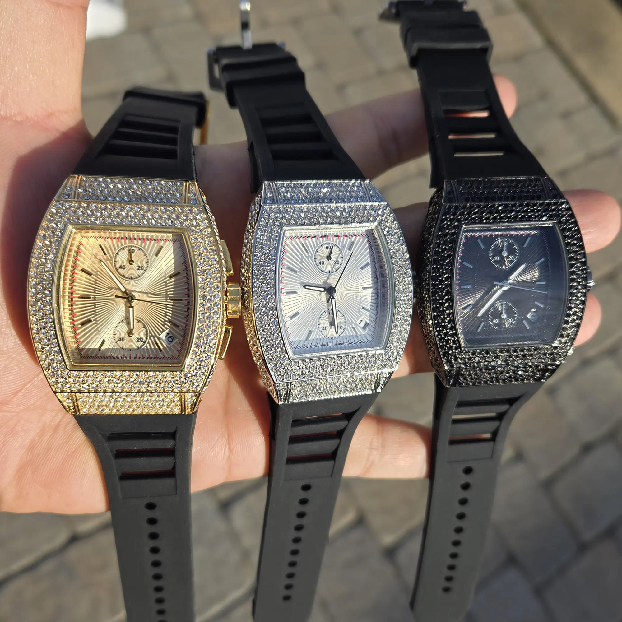 MaxBling81 Men's Luxury Water-Resistant Bling Diamond Jeweled Rectangular Silicone-Based Quartz Watch - Hip Hop Iced Out Chronograph, Date Display, Simulated Diamonds, Silicone Band Fashion Accessory, Bling Quartz Watches, Diamond Quartz Watches
