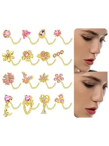 16Pcs Nose Rings Set Screw Shaped Nose Stud Stainless Steel Butterfly Flower Leaf Heart Moon Dangle Nose Stud Ring Body Piercing Jewelry for Women Men 20G Pink Gold Clear CZ