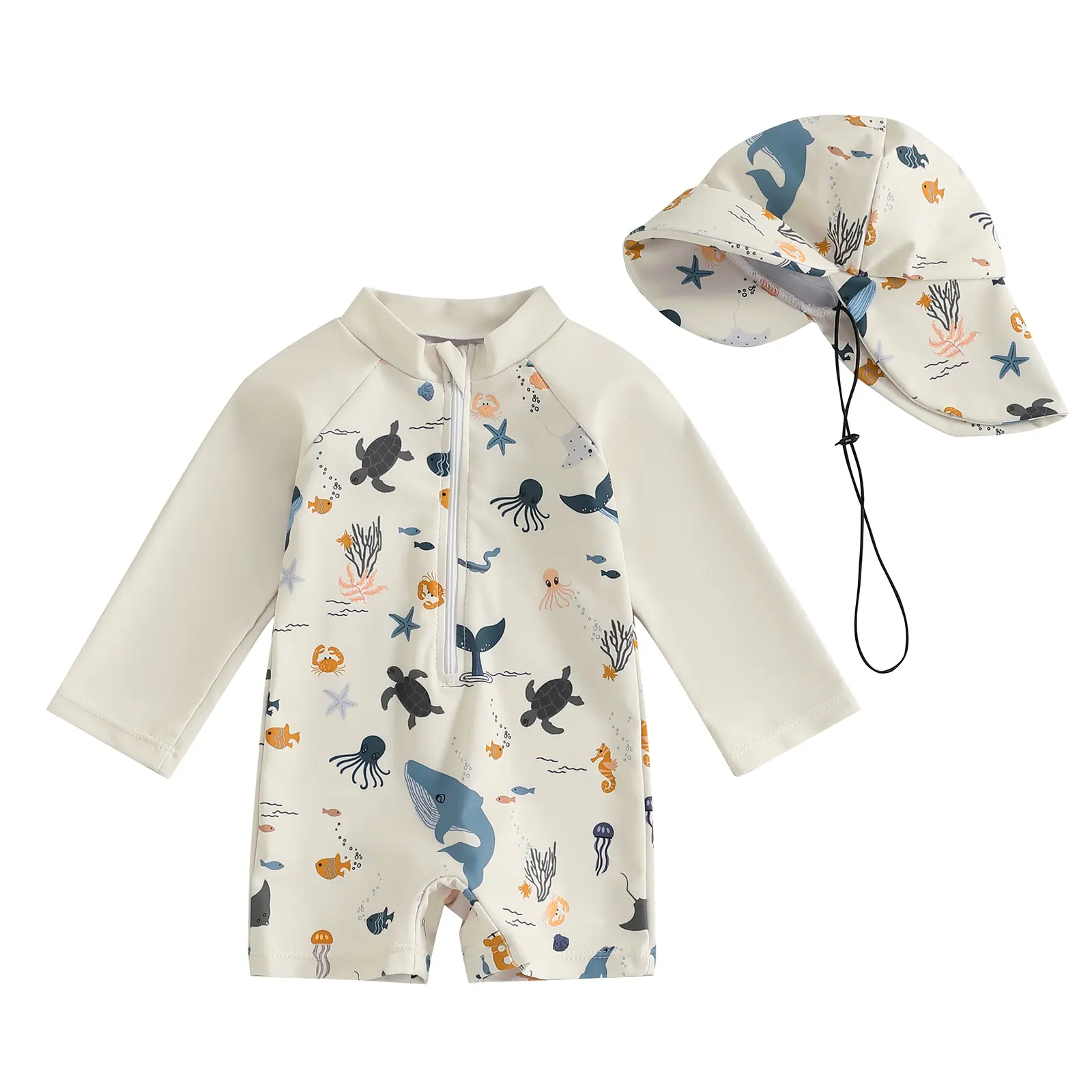 Babamoon Toddler Boys Marine Print Swimsuit - Long Sleeve Zipper Rash Guard Romper with Sun Protection, Elastane-Polyester Blend, Animal Design, Surfing Beach Hat (0-3 Years)