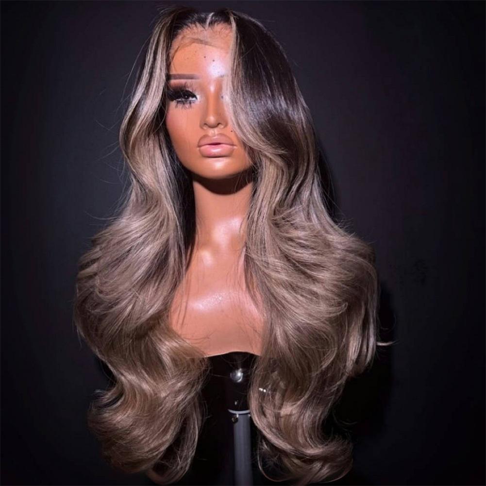 13x6 Ombre Black to Gray Ash Blonde Highlight Human Hair Wig 210% Density Ashy blonde highlights with Natural Growth Black Body Wave Wig Pre Plucked Silky Long-Lasting Colored Wig for Woman