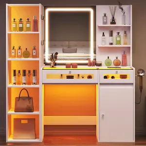 LED Lighted Vanity Desk with Charging Station, Large Storage Makeup Vanity Table, Modern Dressing Table for Bedroom