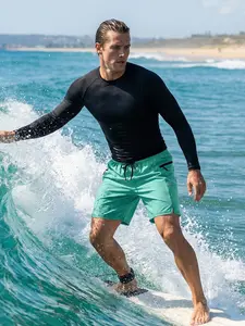 Men's Casual Sporty Surfing Suit, 2 Piece Beach Clothing Set, Round Neck Long Sleeve Rash Guard Quick-Dry Breathable Tight Fit Tee T-Shirt + Beach Shorts Board Shorts with Zipper Side Pockets and Mesh Lining