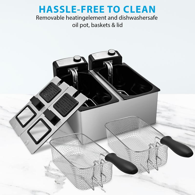 SUSTEAS Electric Double Deep Fryer with 2 Baskets & Lids, 3L Stainless Steel Removable Double Fryer,Temperature Control,Overheat Protection,3000W Household Appliances