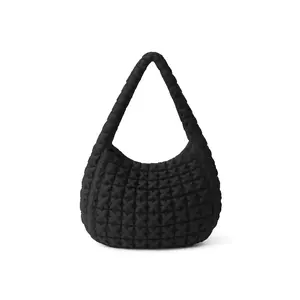 Women's Black Bubble Cloud Bag Soft Floral Texture Shoulder Bag Fashionable Casual Underarm Tote