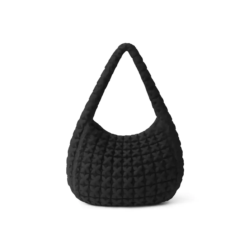 Women's Black Bubble Cloud Bag Soft Floral Texture Shoulder Bag Fashionable Casual Underarm Tote