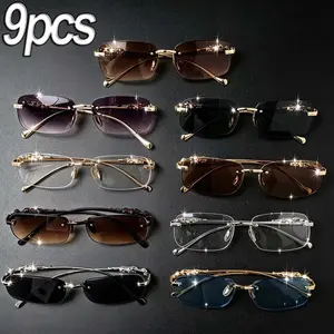 9pcs New European/American Business Style Rimless Glasses with Cut Edges — Fashionable Flat Lens Design, Comfortable Wear, Instagram Aesthetic, Slimming Effect, Natural Look for Everyday Use, Face-Slimming Glasses