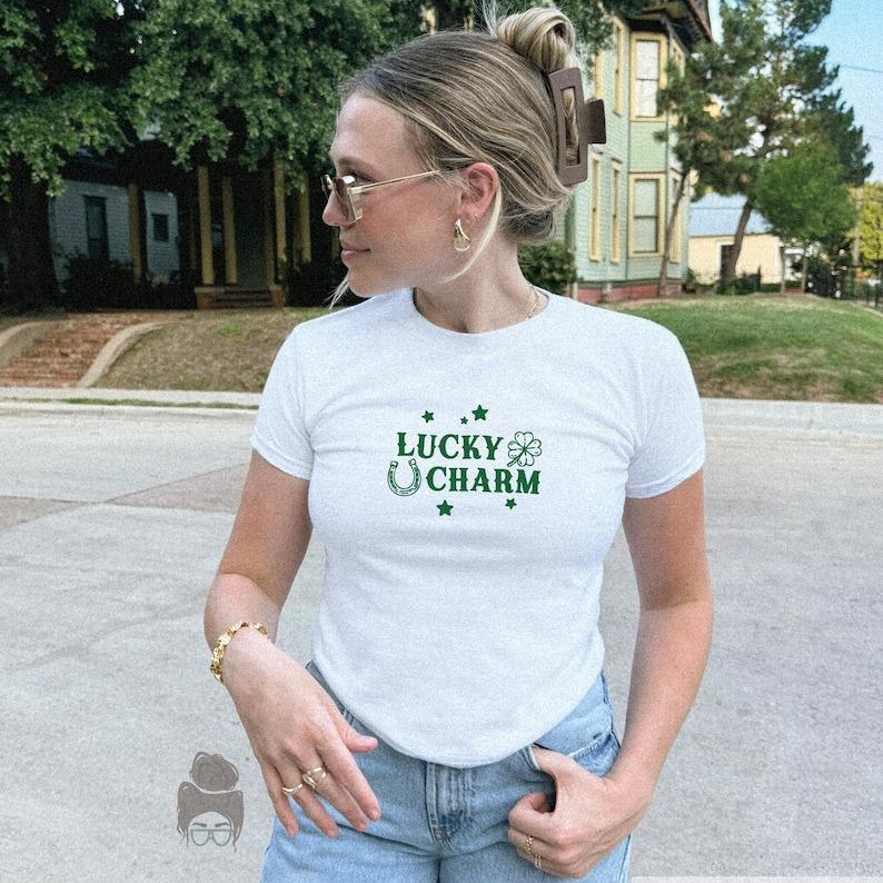Lucky Charm Baby Tee, St Patricks Day Baby Tee, Sorority Baby Tee For Women, Lucky You Irish Tee, White Tee With Phrase, Trendy Cropped Tee