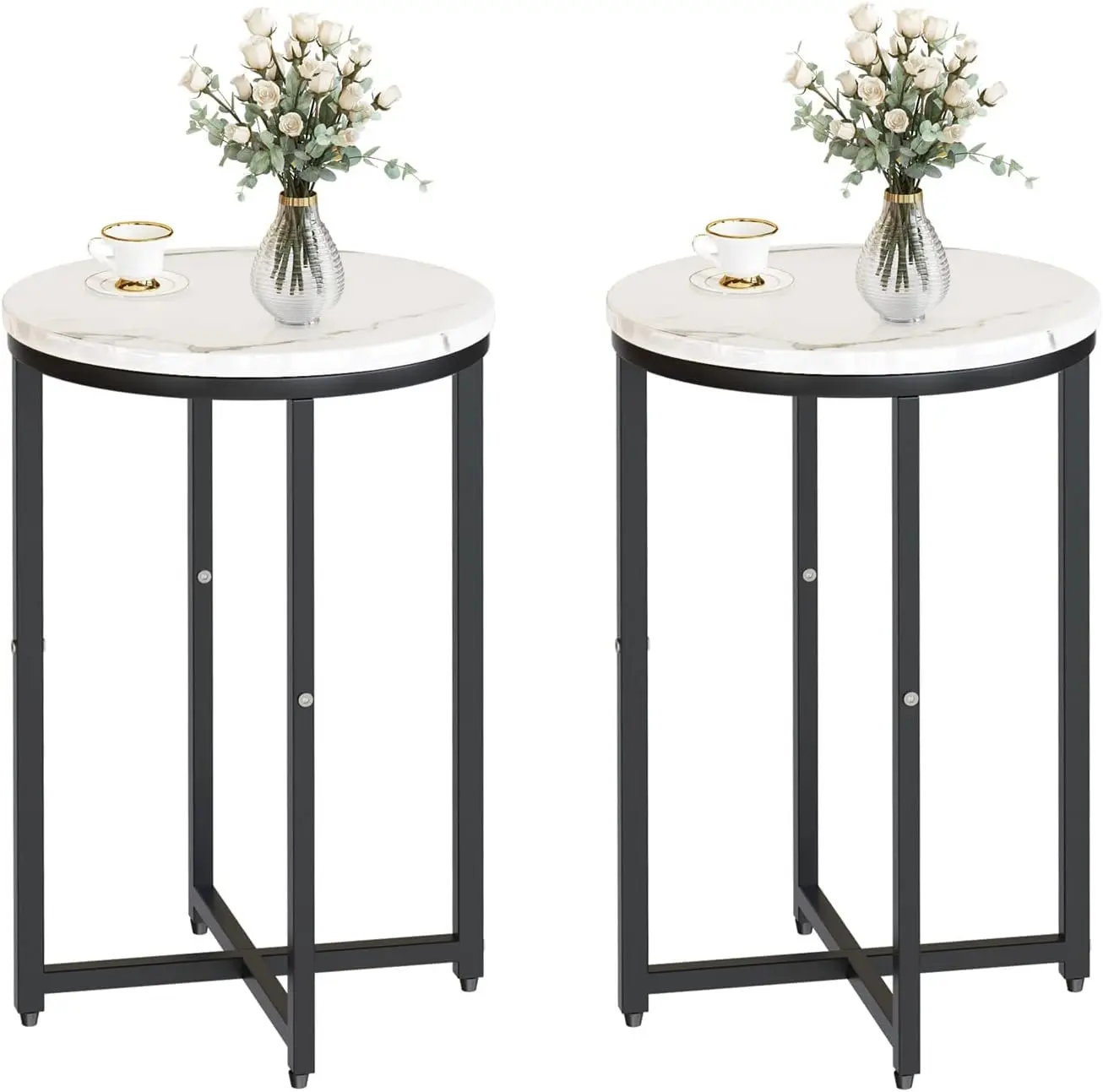 Hooseng Round Side Table, 2 PCS Faux Marble White Round End Table Small Round Table Modern Home Decor Accent Tables for Small Spaces, Living Room, Dining Room, Bedroom, Bedside, Tea, Coffee