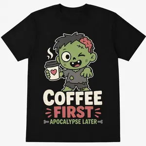 Coffee First Zombie Tee for Men Women – Funny Apocalypse Cartoon T-Shirt, Cute Zombie Graphic Tee, Coffee Lover Gift, Casual Streetwear
