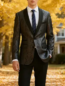 Men's Elegant Floral Jacquard Tailcoat Set, Slim-Fit Blazer with Satin Lapel, Matching Pants, Perfect for Weddings, Parties, Formal Events