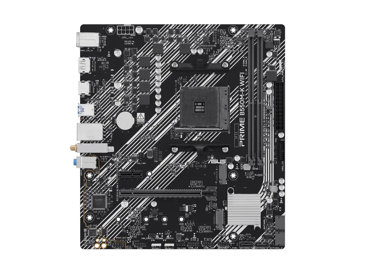 ASUS PRIME B550M-K WIFI AM4 mATX motherboard, DDR4, PCIe 4.0, 2xM.2, WiFi 6, 1Gb Ethernet, DisplayPort, HDMI, rear and front USB 5Gbps Type-A, SATA 6 Gbps, Aura Sync