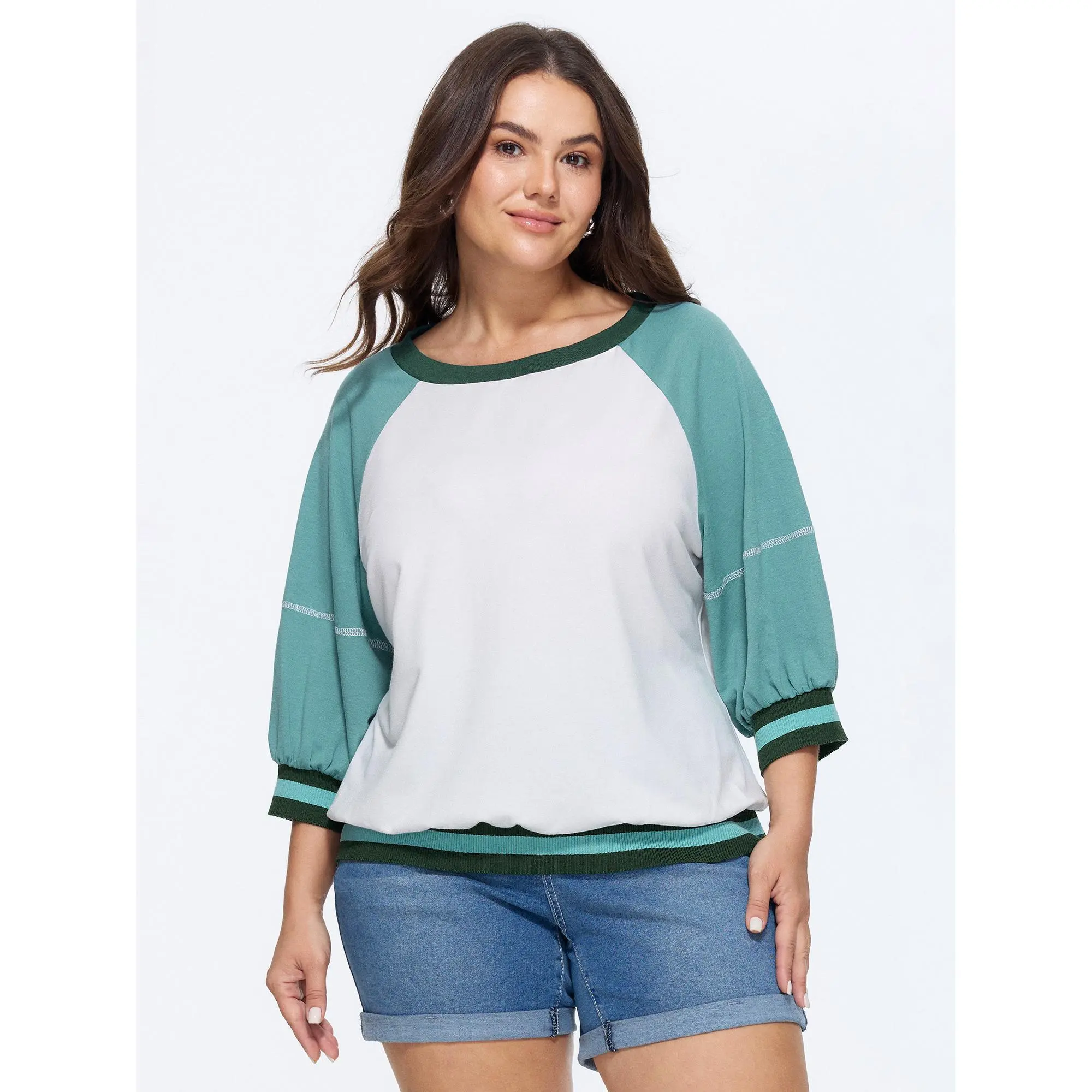 BloomChic Plus Size Colorblock Sweatshirt, Casual Pullover Top with 3/4 Raglan Sleeves in a Polyester Rayon Blend, Polyester Blend, Sweatshirt Top, Solid Block