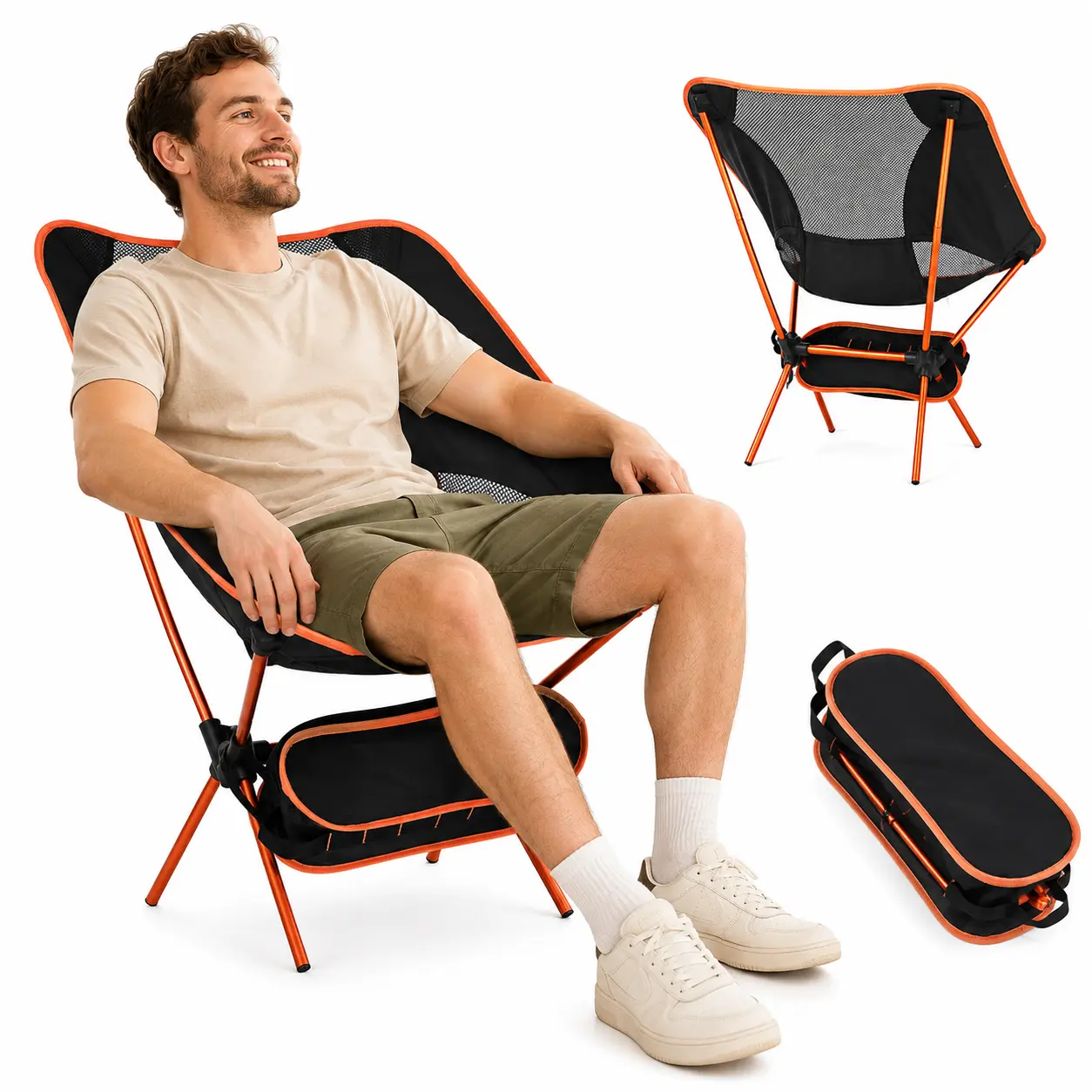 Portable Folding Camping Chair with Storage Pouch, Lightweight Aluminum Moon Chair with Breathable Mesh Back for Camping, Fishing, Beach and Outdoor Travel