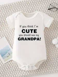 White Unisex Baby Short Sleeve Onesie, If You Think I'm Cute You Should See My Grandpa Bold Black Block Letter Grandfather Cotton Bodysuit