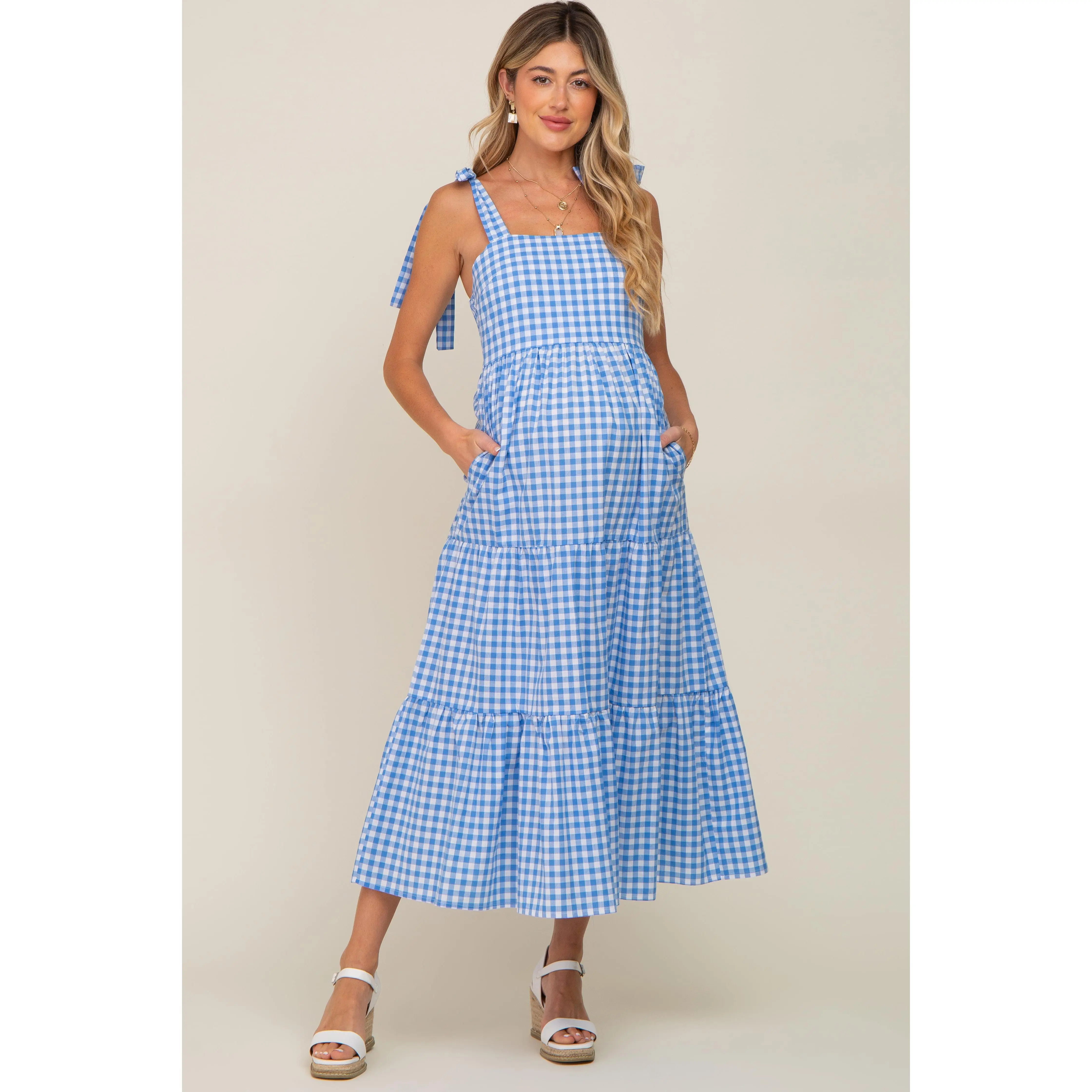 Blue Checkered Sleeveless Tiered Maternity Maxi Dress