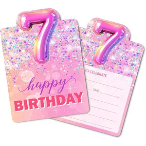 30 Pack Pink 7th Birthday Invitation Cards with Envelopes, Rainbow Foil Fill-in Invites for Girls Kids Seventh Party Supplies Decorations Favors