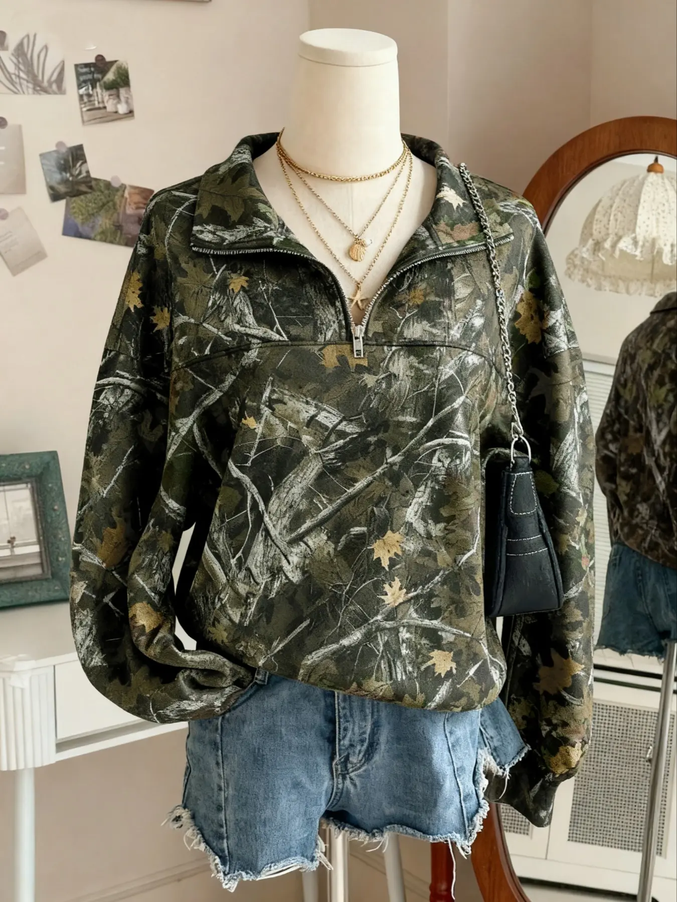 Women's Fashion Camo Camouflage Zipper Half High Neck Sweater Pullover, Loose Fit Long Sleeve Casual Warm Top, All over Print Fall & Winter, Easy on and off