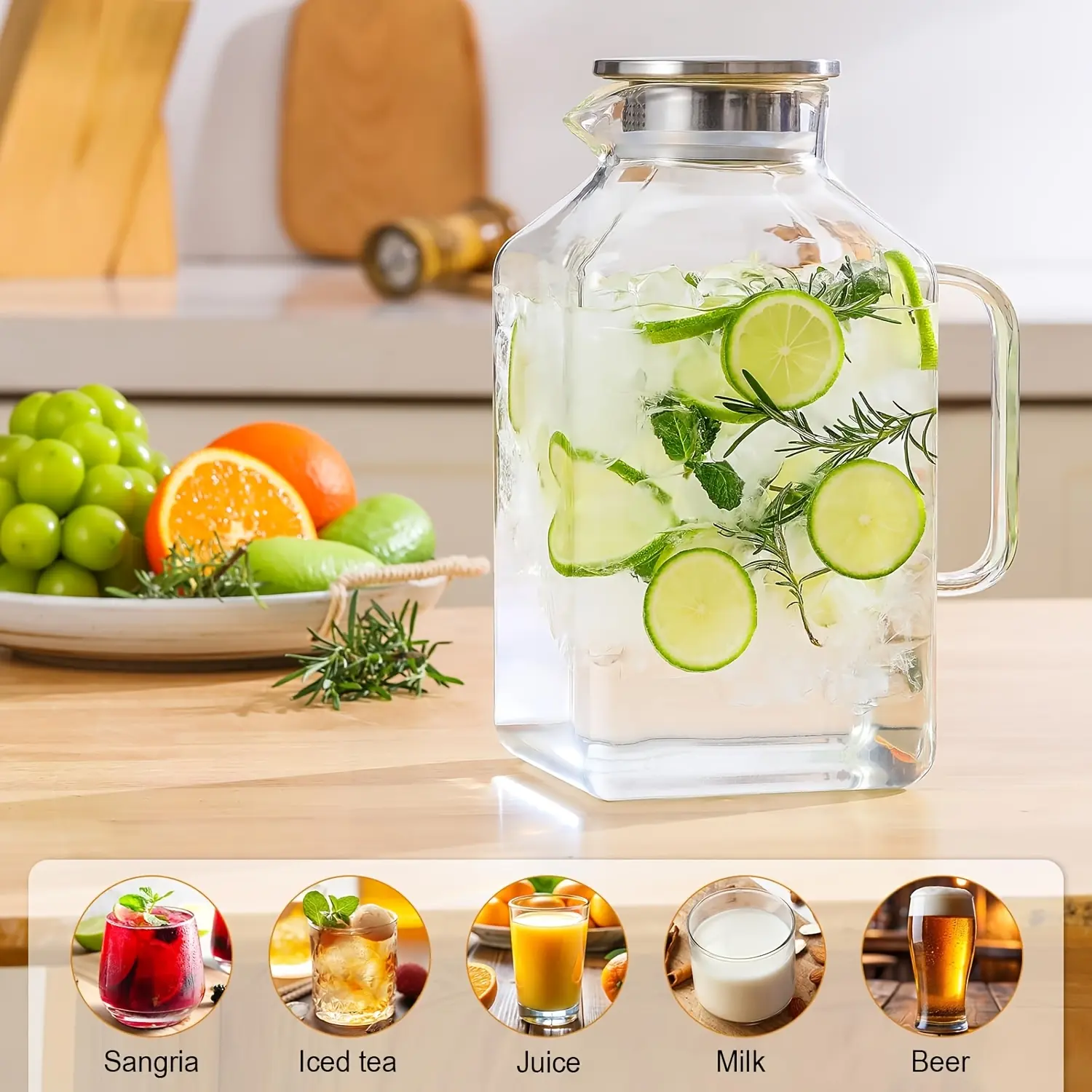 1 Gallon Square Clear Glass Pitcher with Lid And Spout, Borosilicate Glass Carafe for Hot/Cold Drink, Water Pitchers with Handle for Fridge, Extra Large Jug for Iced Tea, Coffee, Juice, Beverage, Drinkware, Glass Gallon Jugs