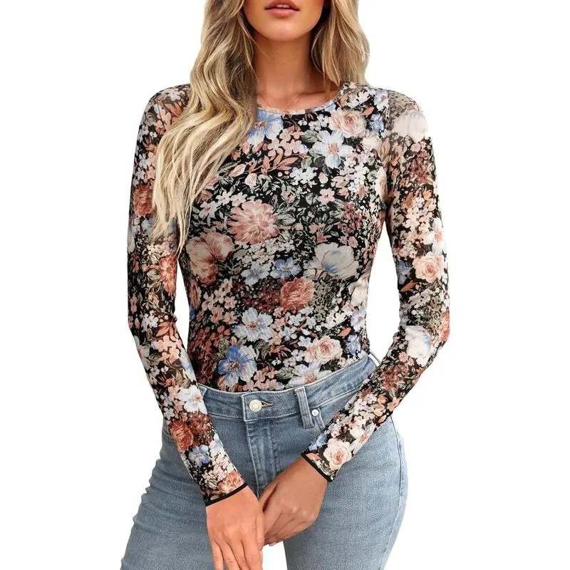 Women's Lace Long Sleeve Tops Mesh Sheer Blouse See Through Floral Concert Outfits Party Lace Undershirt Womenswear Comfort going outfits 1-Black Crewneck Can be used with raincoat