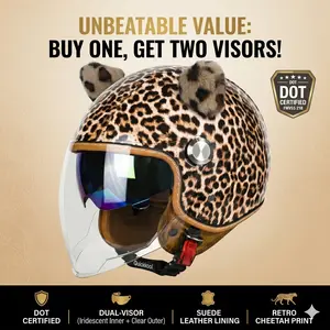 Quickool Moto DOT 3/4 Open Face Helmet Leopard Bonus Visors Retro Cruiser Scooter Motorcycle Dual Shield Helmet Men Women, Motorcycle Accessories, Dot Certified