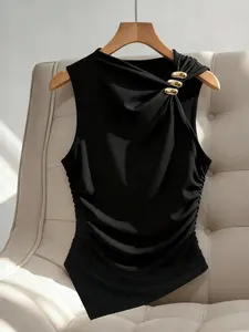 Spring Valentine's Day Women's Casual Fashion Metal Decor Waist Pleated Slim Fit Tank Top, Casual Draped Cami, Sleeveless Blouse for Beach Vacation