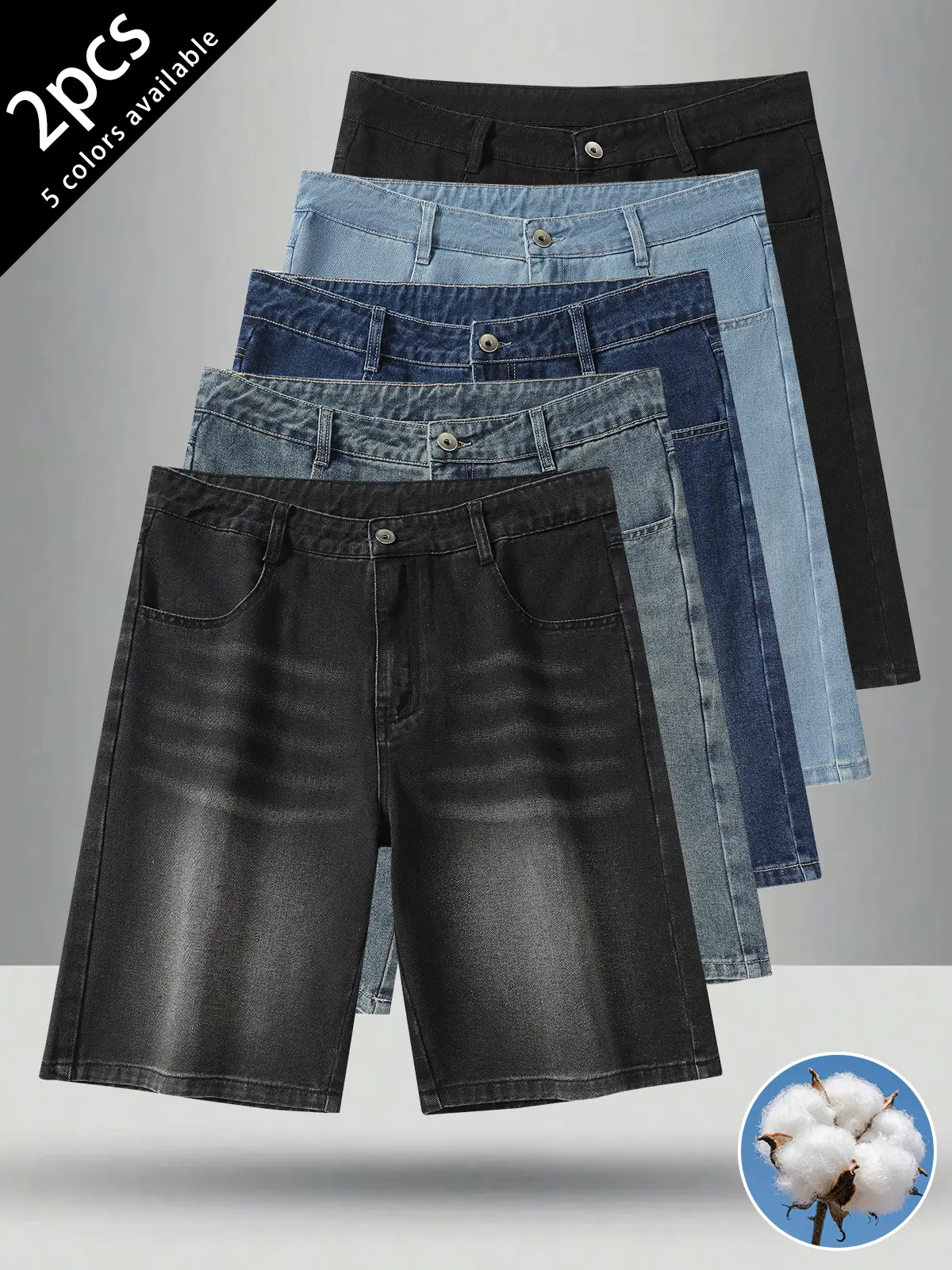 2-pack men’s shorts: cotton shorts, mid-thigh shorts, and loose cotton denim shorts.Button design at the front; loose straight cut that flatters the figure and is versatile—suits all body types.Available in multiple colors; versatile and matches any style
