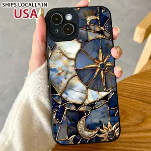Stained Glass Printed Phone Case with Moon and Star Design for iPhone Series. Provides Double Protection and Supports Wireless Charging, Showcasing a Stylish Night Sky Print with High-Quality Design Accessories for iPhone XR, 11, 12, 13, 14, 15 and 16